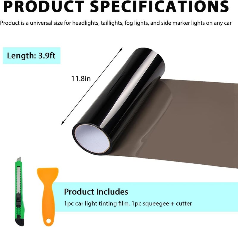 YTFRL Car Headlight Tint Film, 12×48 Inch Vinyl Vehicle Tail Light Wrap Film Roll with Squeegee & Cutter, Waterproof Vinyl Tinted Sticker for Headlights Fog Lights Tail Lights (Light Black) - Image 2